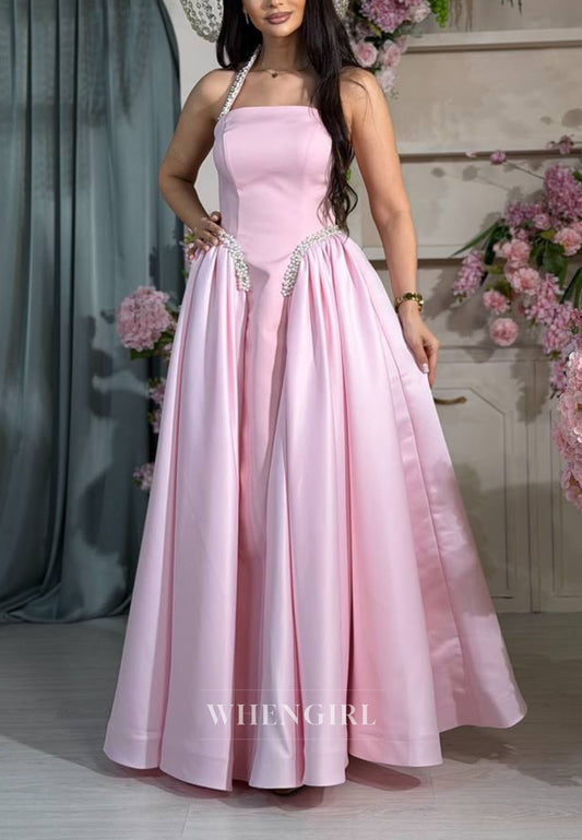 Pearl-Embellished Halter Satin A-Line Gown