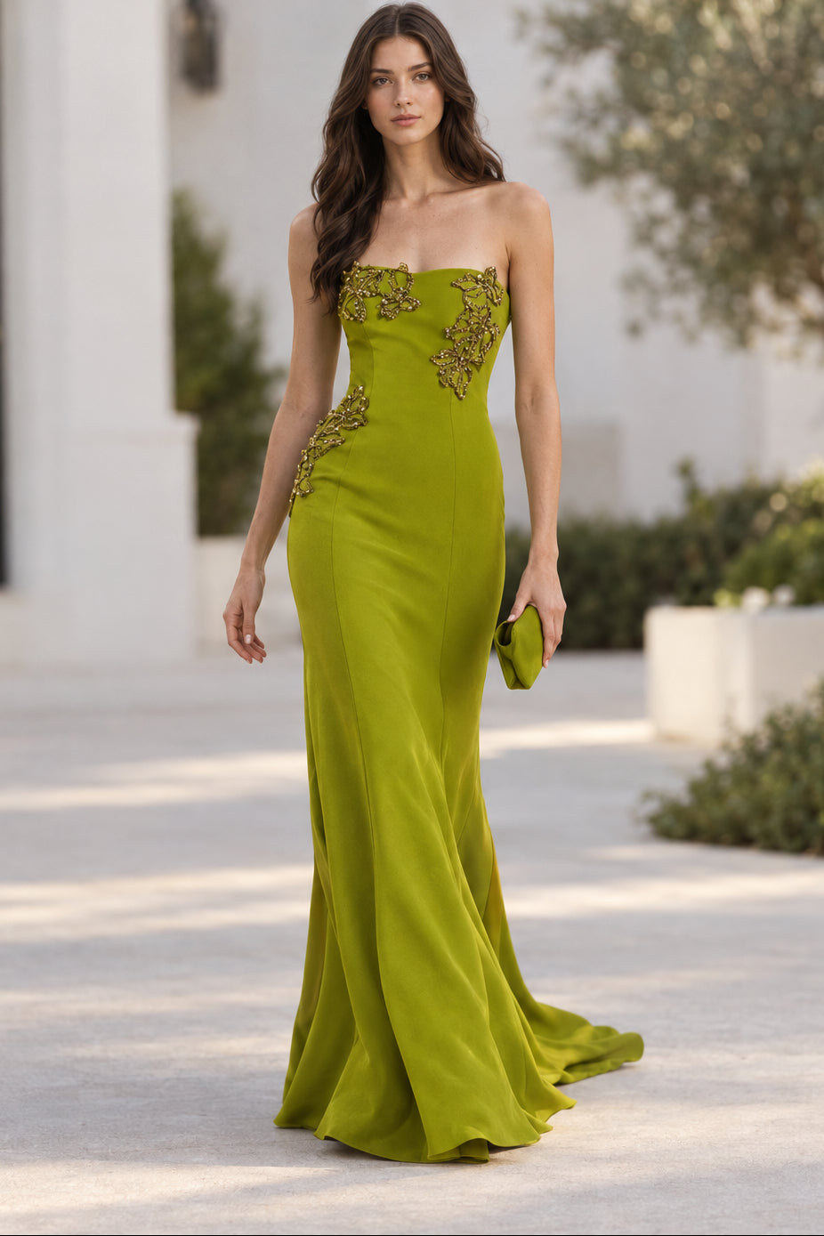 Strapless Beaded Applique Trumpet Gown