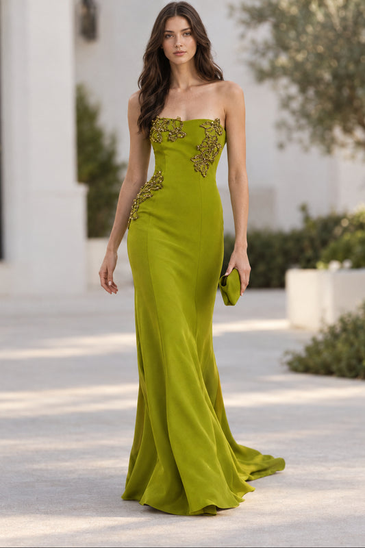Strapless Beaded Applique Trumpet Gown