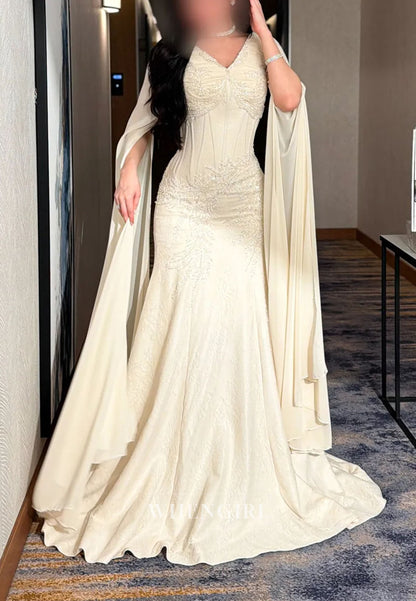 Embellished Mermaid Gown with Cape Sleeves