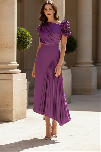 One-Shoulder 3D Floral Pleated Asymmetric Midi Dress