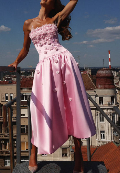 Strapless 3D Floral Midi Dress with Drop Waist