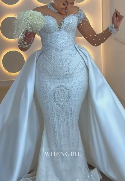 Pearl Beaded Mermaid Wedding Dress with Detachable Train