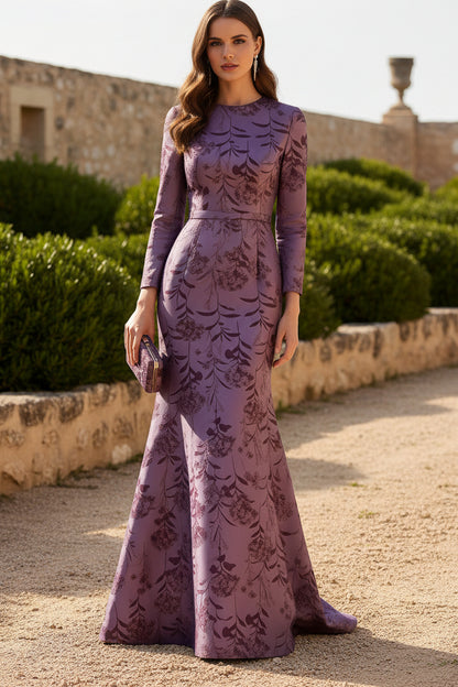 Floral Jacquard Long Sleeve Mermaid Evening Dress