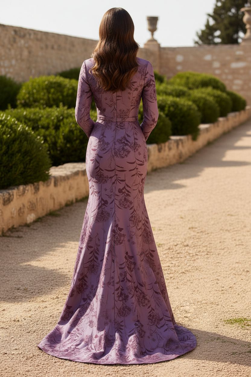 Floral Jacquard Long Sleeve Mermaid Evening Dress