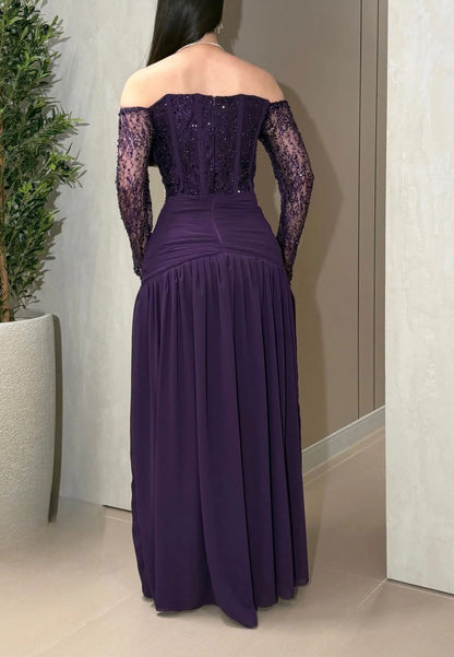 Off-the-Shoulder Beaded Ruched Evening Gown