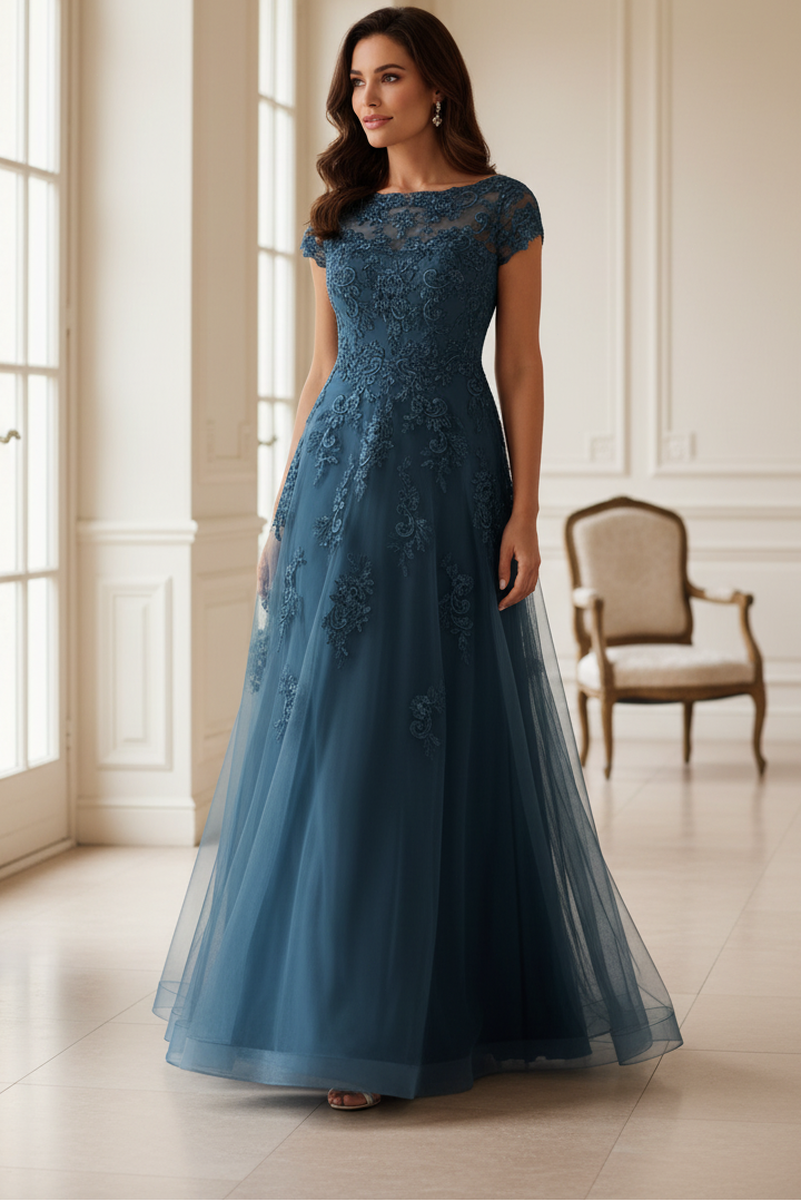 Lace Applique A-Line Tulle Gown with Cap Sleeves