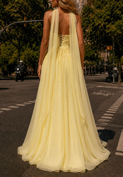 Embellished Corset Chiffon Gown with Scarf