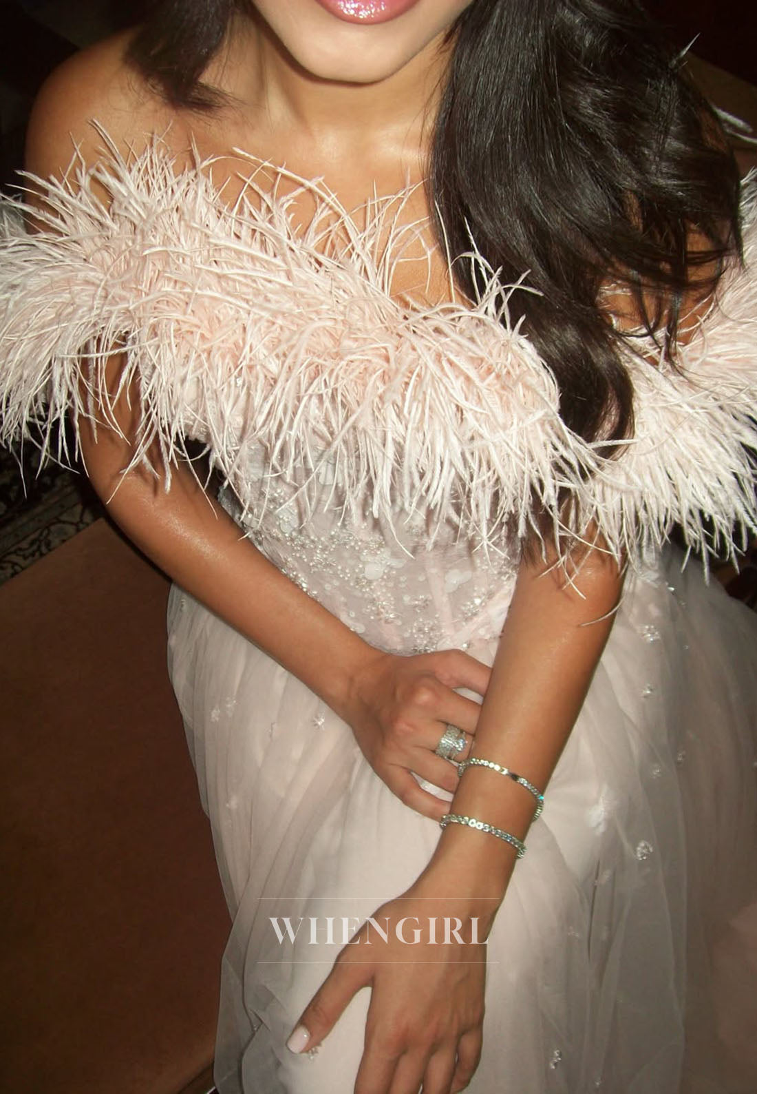 Feather Off-the-Shoulder Corset Evening Gown