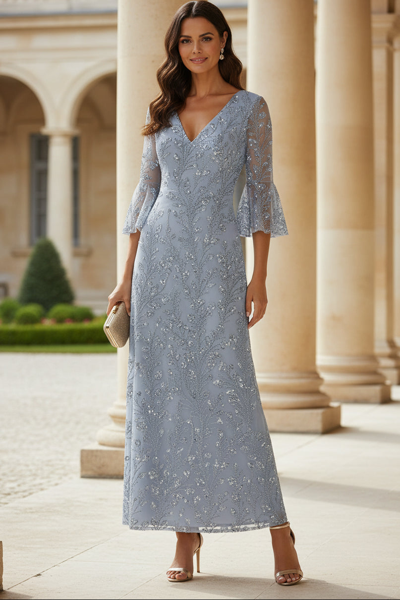 Sequin Floral V-Neck A-Line Gown with Bell Sleeves