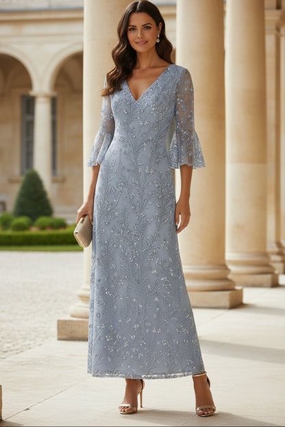 Sequin Floral V-Neck A-Line Gown with Bell Sleeves