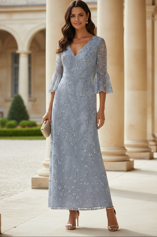Sequin Floral V-Neck A-Line Gown with Bell Sleeves