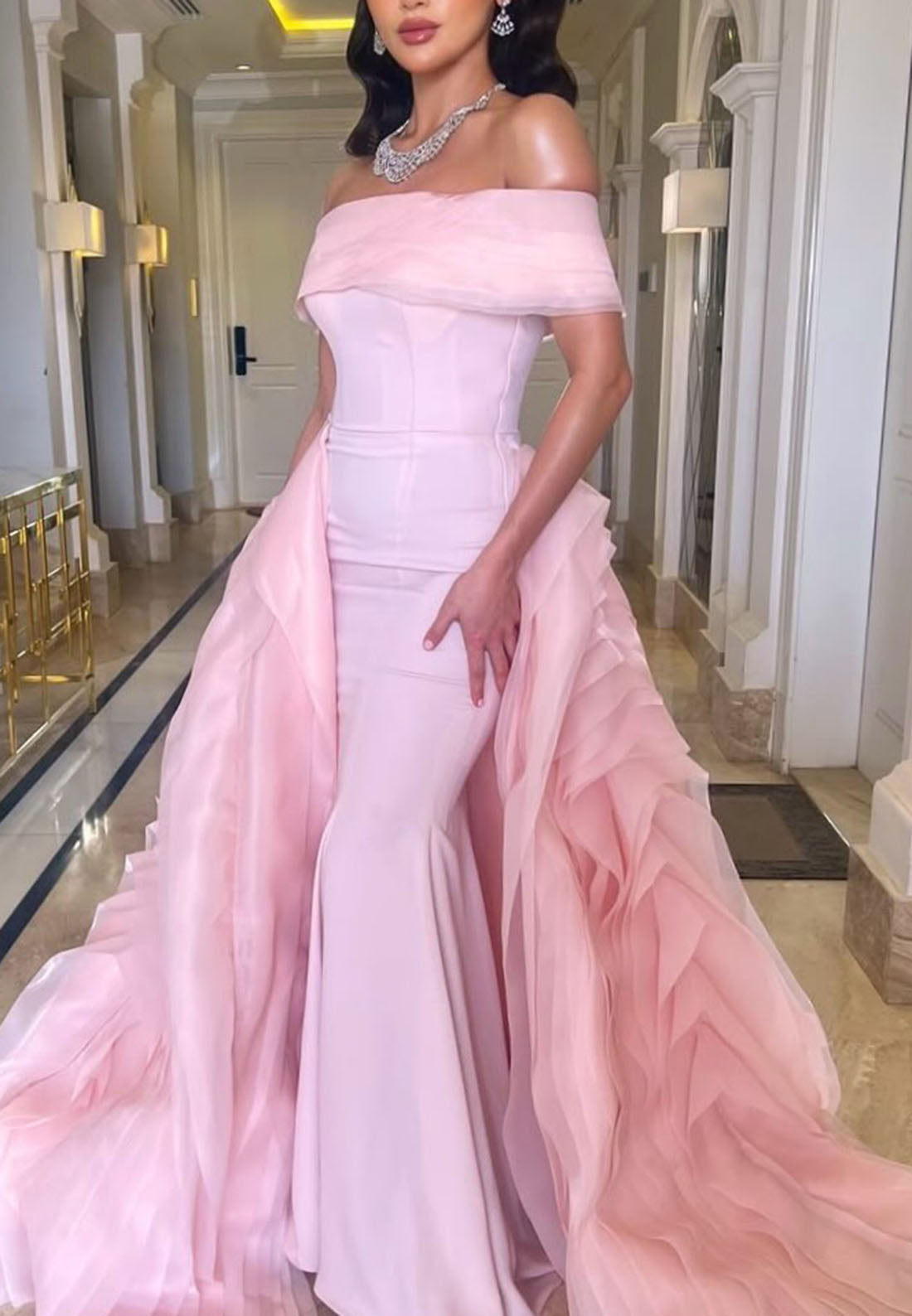 Off-the-Shoulder Evening Gown with Cascading Train