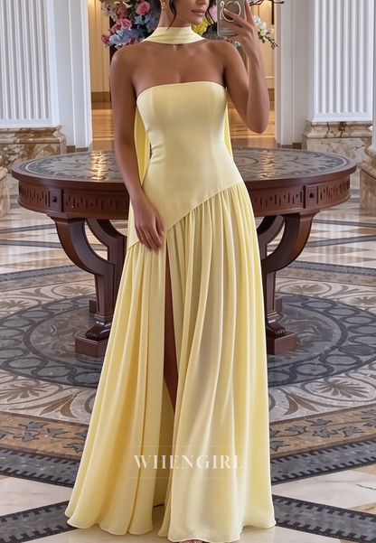 Strapless Asymmetrical Drop-Waist Gown with Scarf