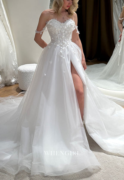 3D Floral Corset Wedding Dress with Slit