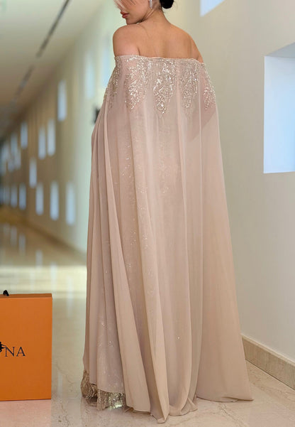 Sequined Off-the-Shoulder Cape Evening Gown