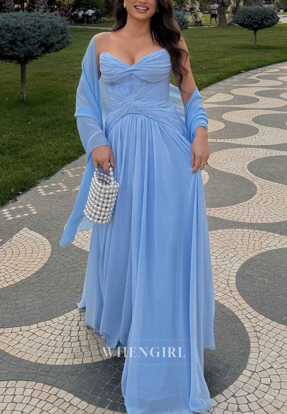 Strapless Sweetheart Pleated Corset Chiffon Gown
