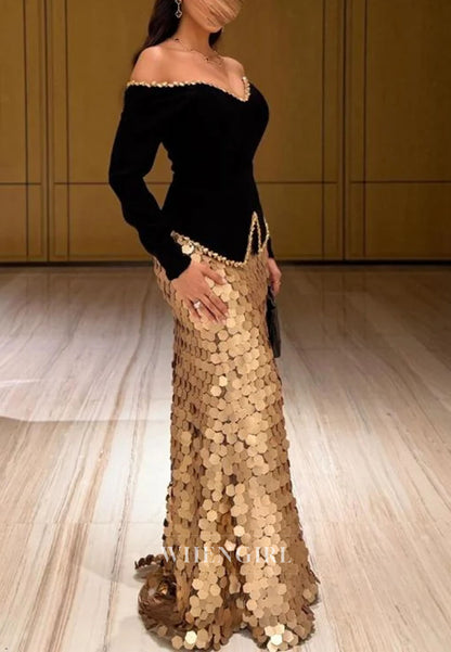 Off-the-Shoulder Peplum Sequin Mermaid Gown