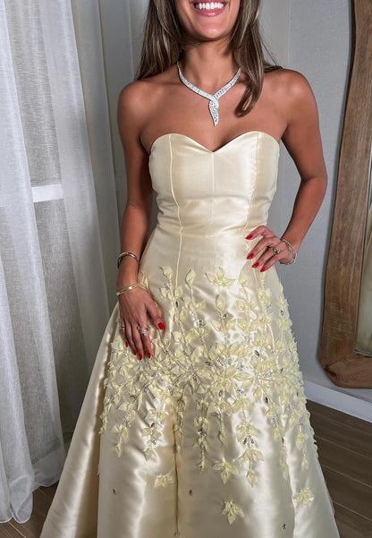 Strapless A-Line Gown with 3D Leaf Appliques