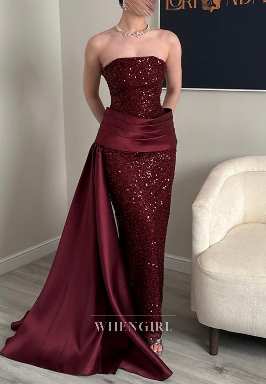 Strapless Sequin Column Gown with Satin Side Drape