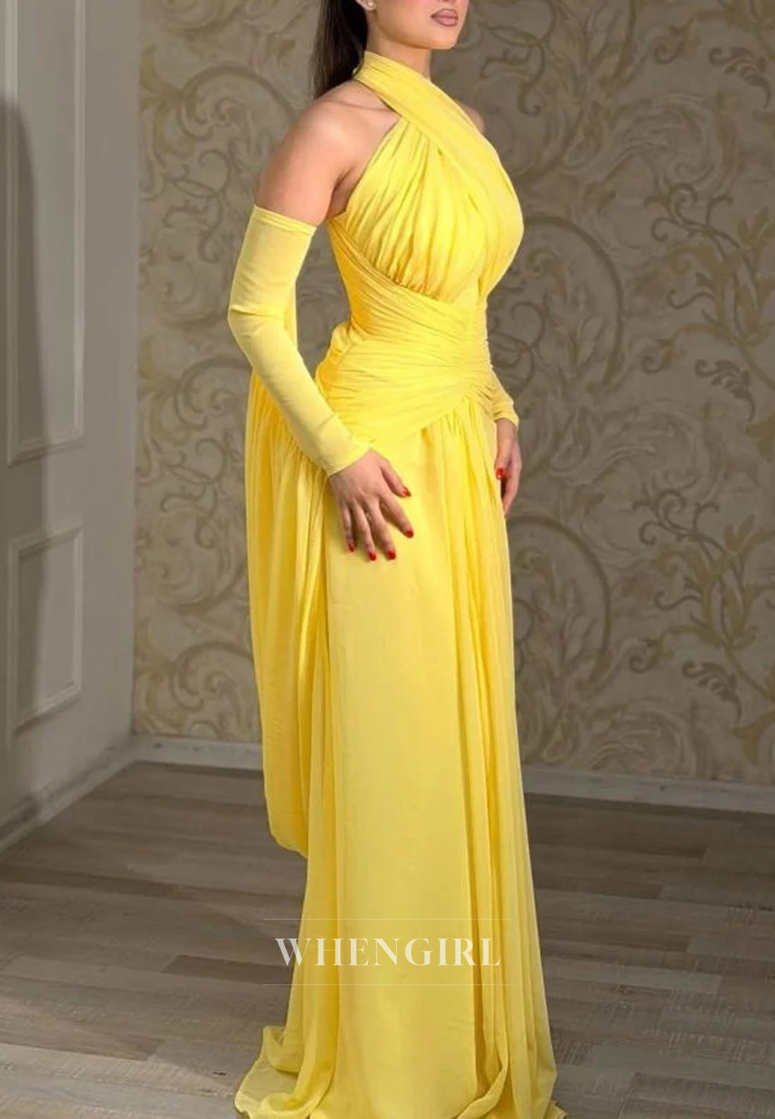 Crossed Halter Gown with Sleeves & Draped Cape