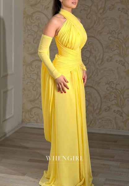 Crossed Halter Gown with Sleeves & Draped Cape