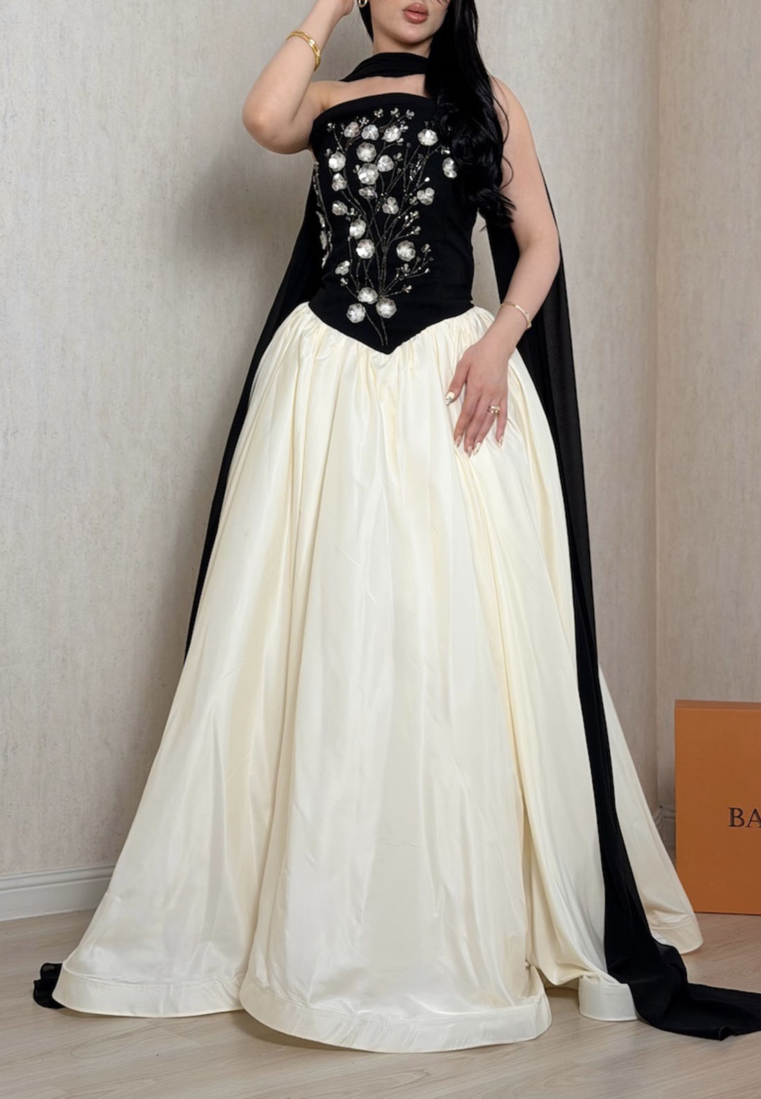 Floral Applique Strapless Ball Gown with Scarf