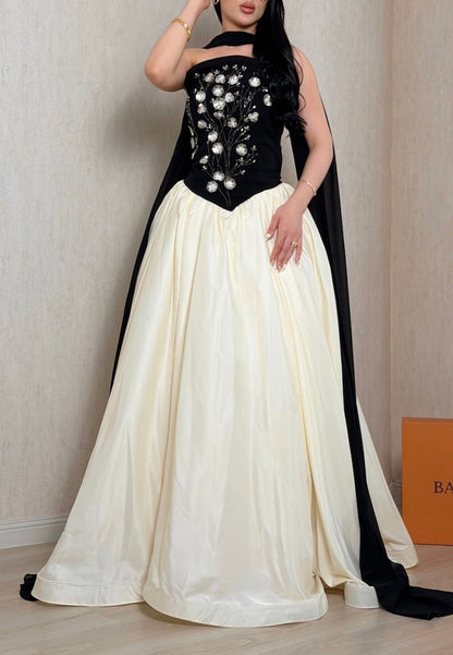 Floral Applique Strapless Ball Gown with Scarf