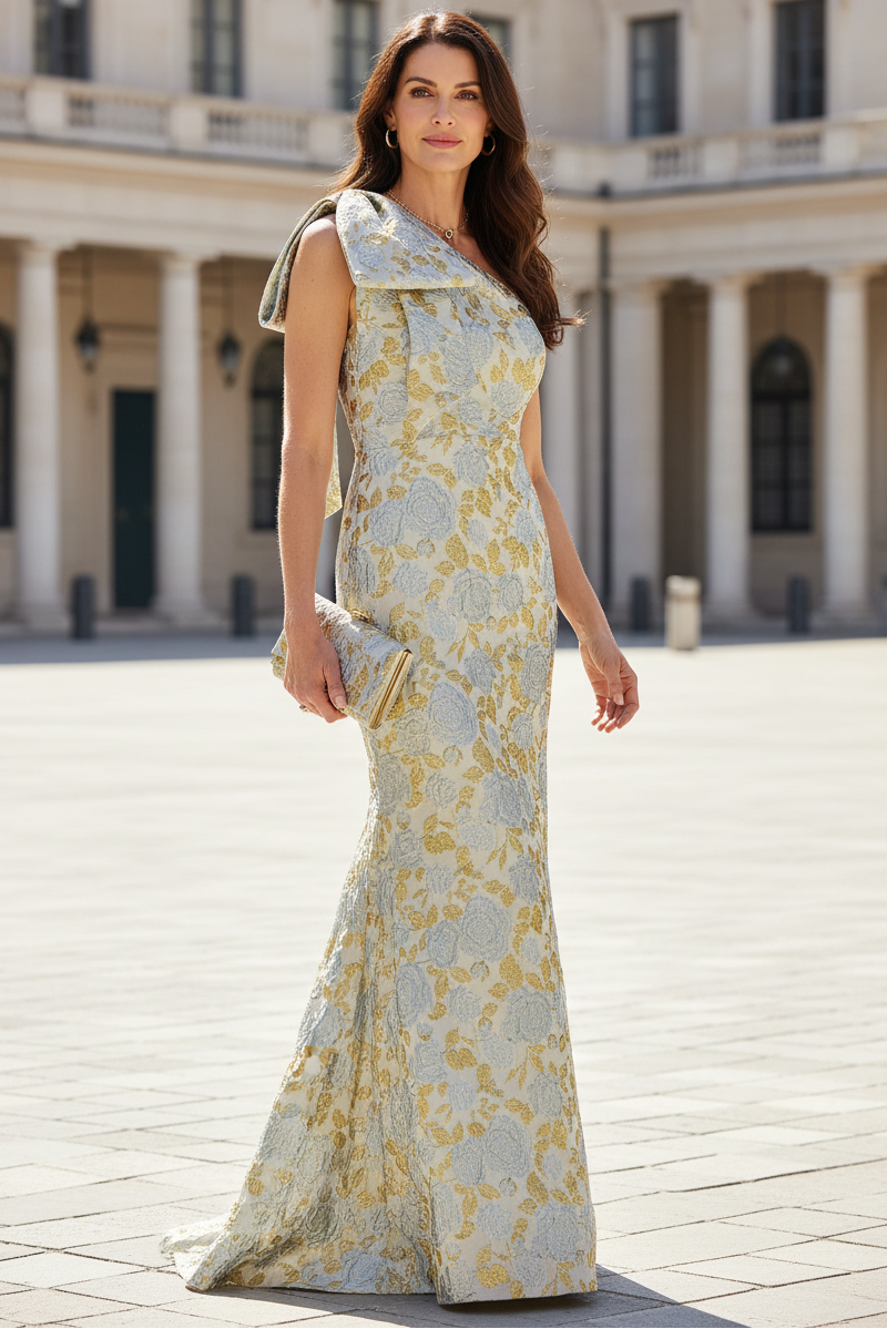 One-Shoulder Jacquard Trumpet Evening Gown