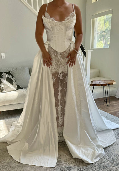 Corset Lace Sheath Wedding Dress with Overskirt