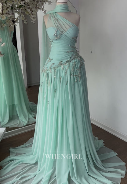 One-Shoulder Pleated Chiffon Evening Gown