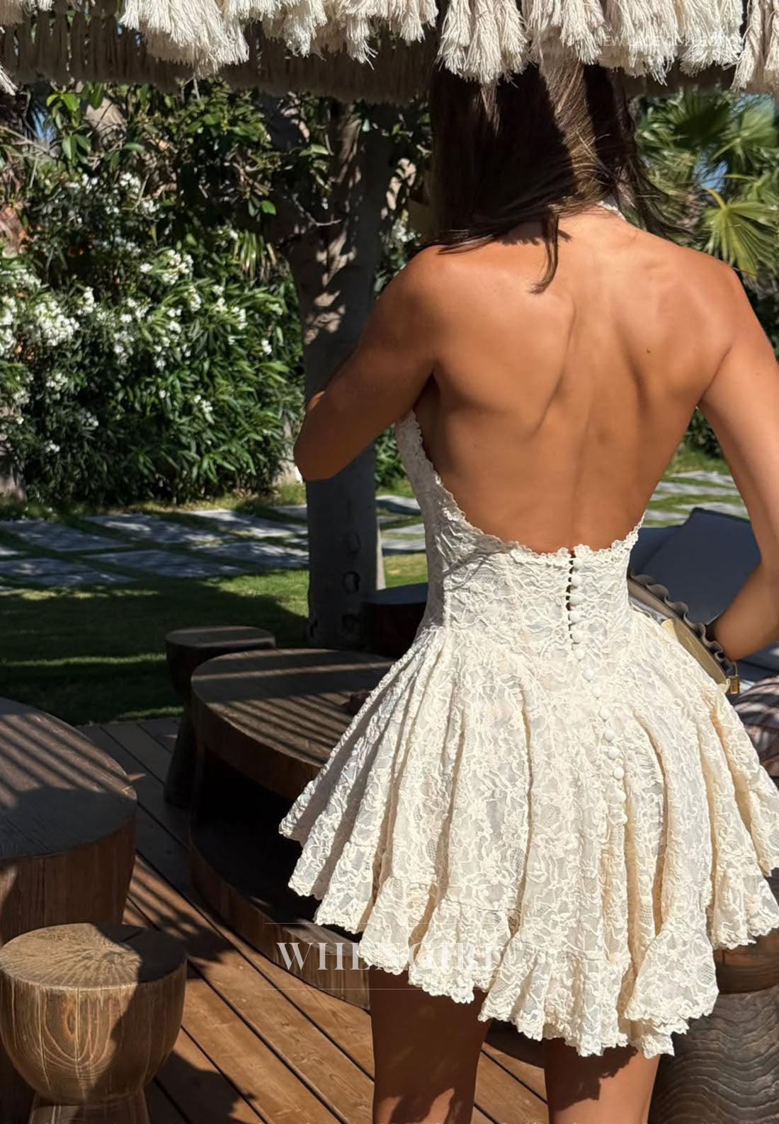 Backless Lace Halter Ruffle Mini Dress