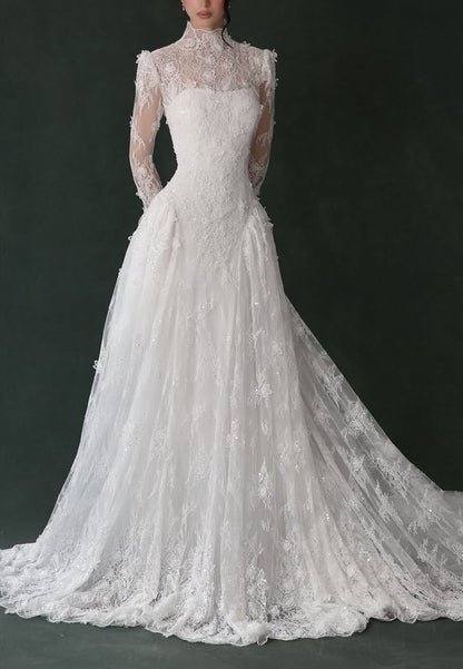 High Neck Lace Long Sleeve Wedding Dress