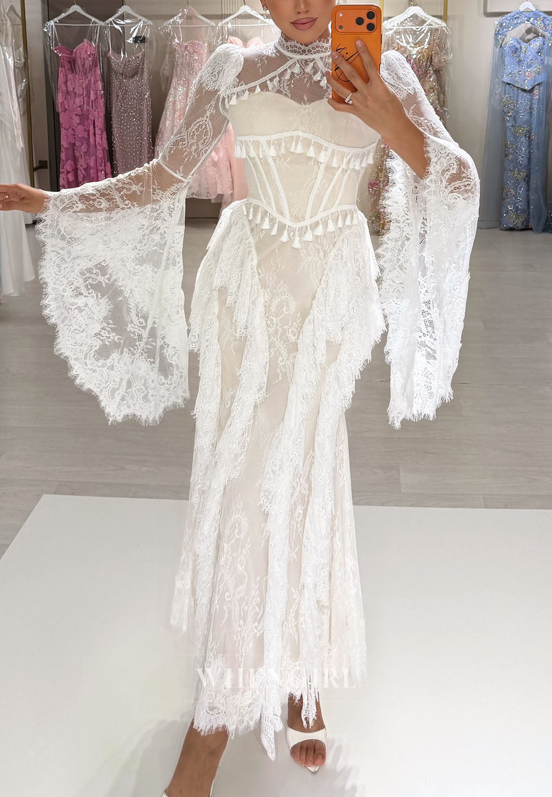Lace Bell Sleeve Corset Gown with Tassels