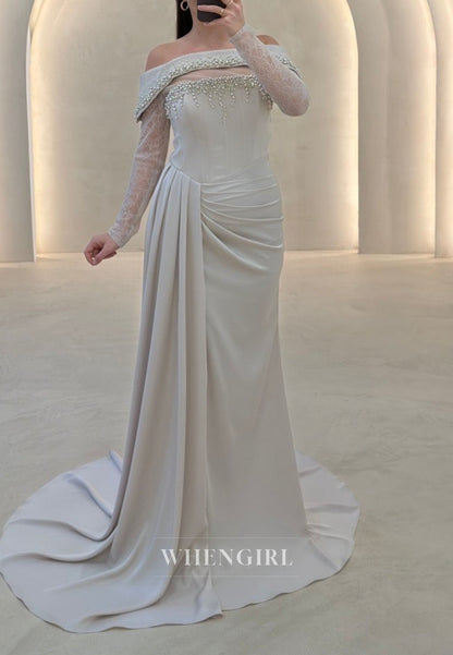 Off-Shoulder Pearl Embellished Lace Sleeve Gown