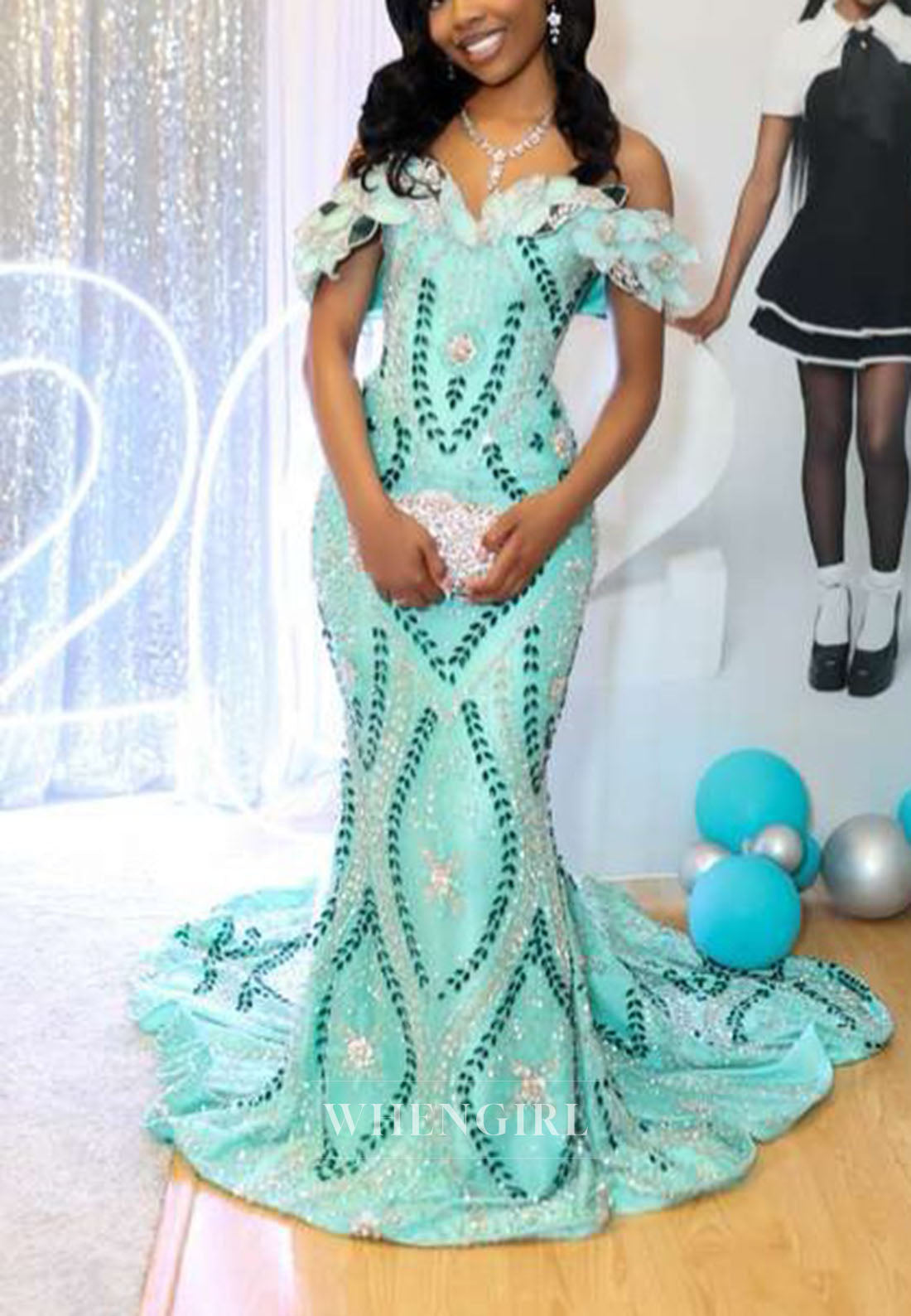 Sequined Off-the-Shoulder Mermaid Gown with Train