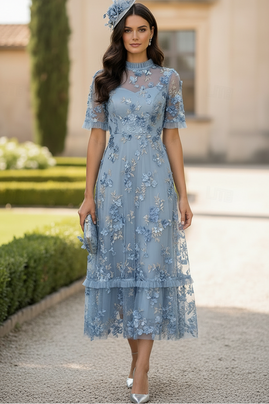 3D Floral Applique Tiered A-Line Midi Dress