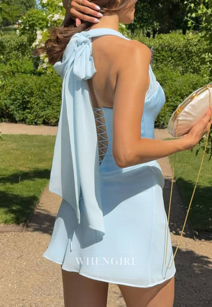 Halter Neck Corset Back Drape Mini Dress