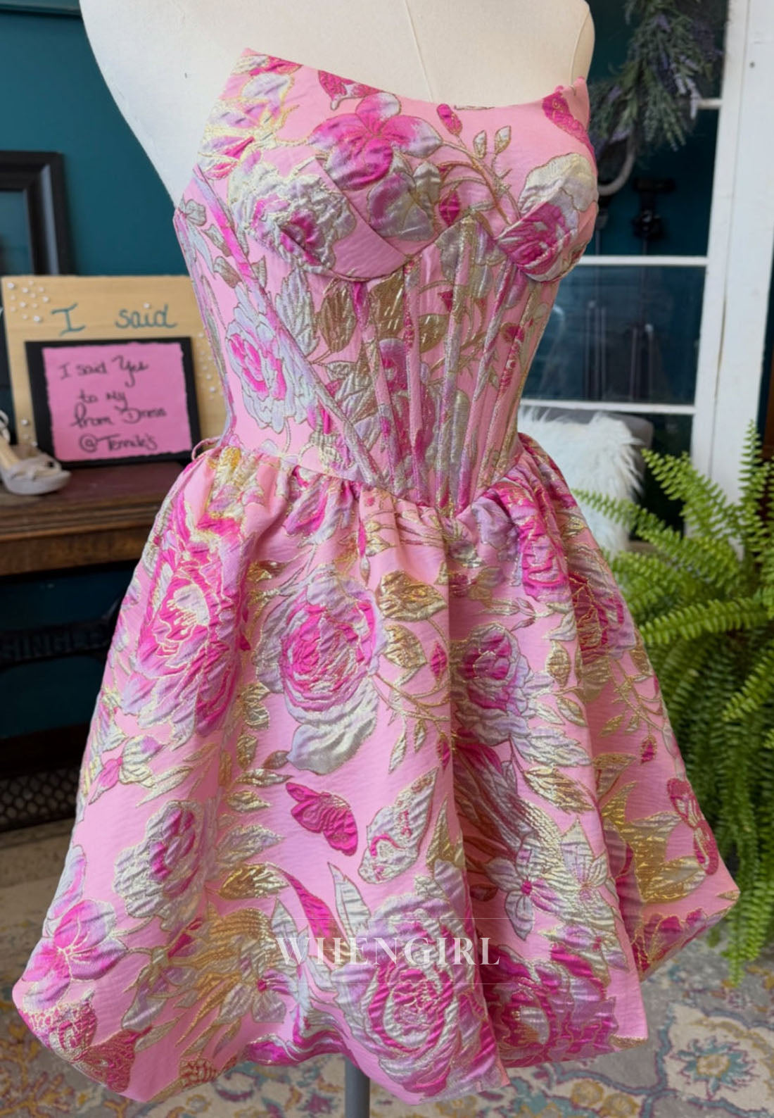 Strapless Floral Jacquard Corset Mini Dress, Lace-Up Back