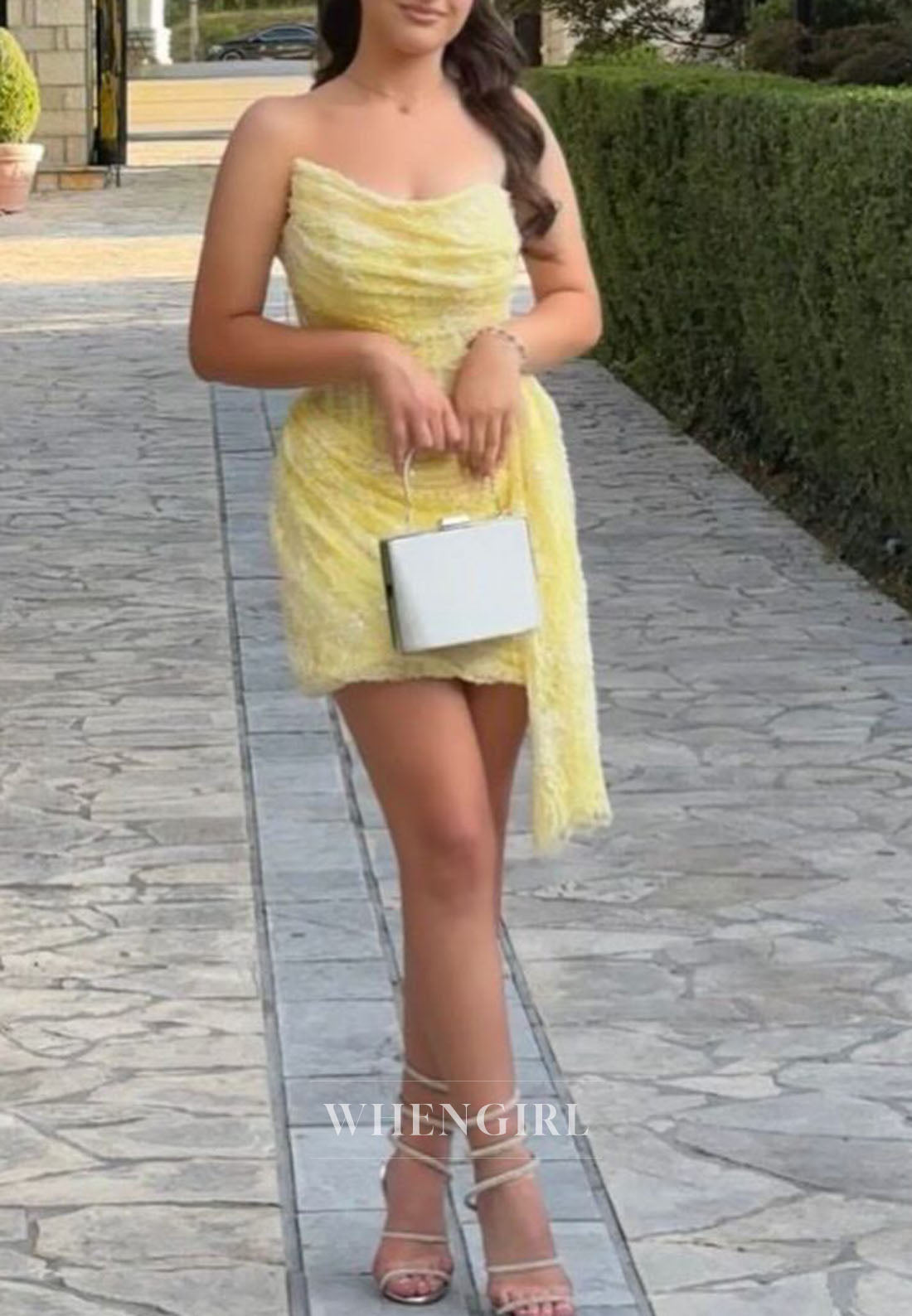 Asymmetrical Strapless Beaded Lace Mini Dress