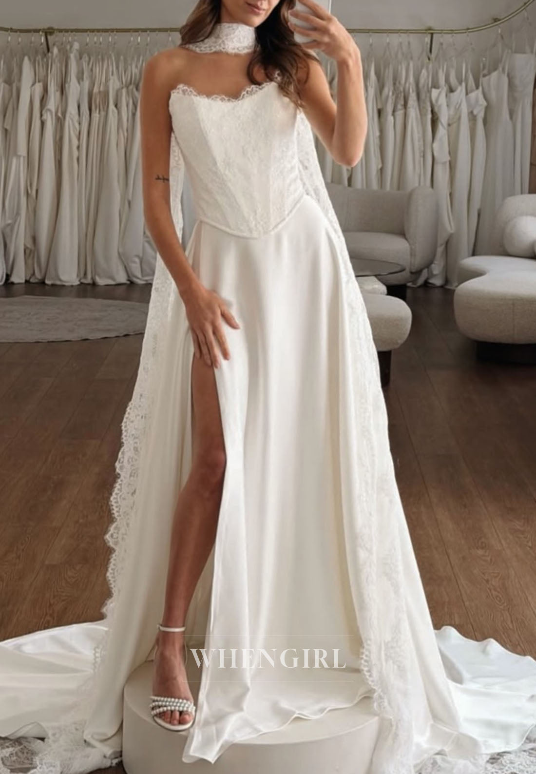 Strapless Lace Corset Wedding Dress with High Slit