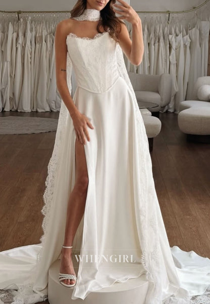 Strapless Lace Corset Wedding Dress with High Slit