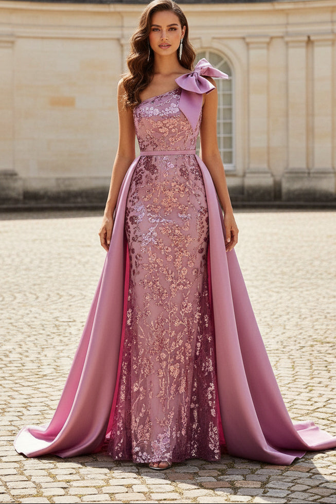 One-Shoulder Sequin Mermaid Gown with Detachable Train