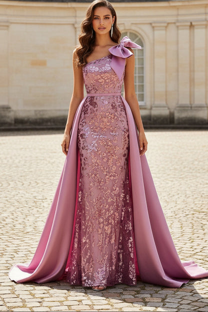 One-Shoulder Sequin Mermaid Gown with Detachable Train