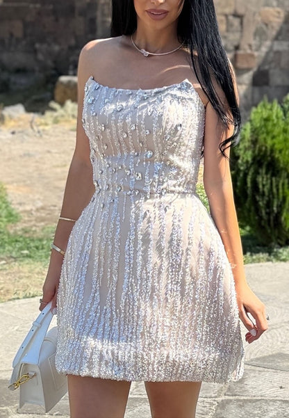 Strapless Crystal Embellished Sequined Mini Dress