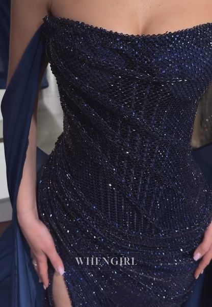 Strapless Sequin Column Gown with Draped Cape