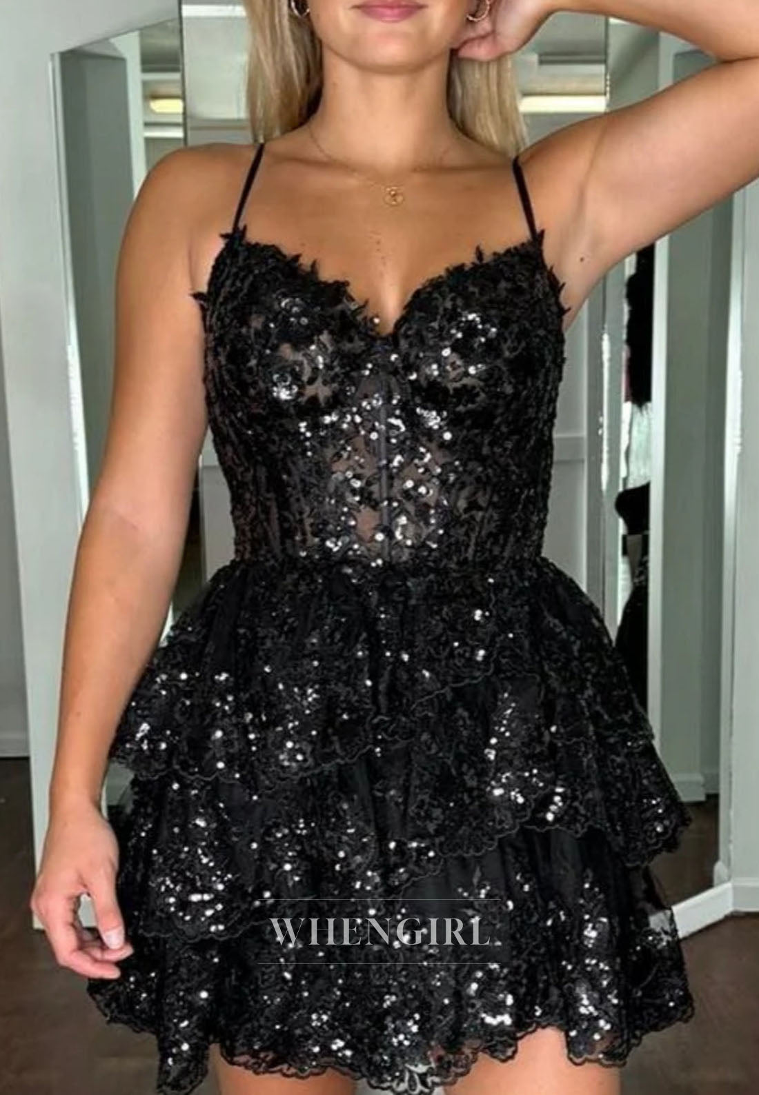 Tiered Sequin Corset Mini Dress with Spaghetti Straps