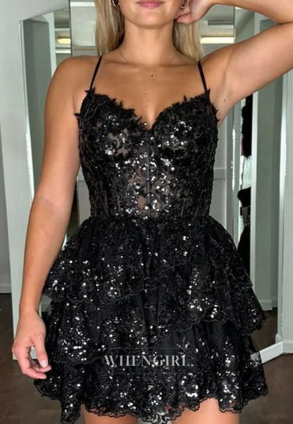 Tiered Sequin Corset Mini Dress with Spaghetti Straps