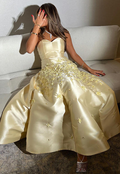 Strapless A-Line Gown with 3D Leaf Appliques