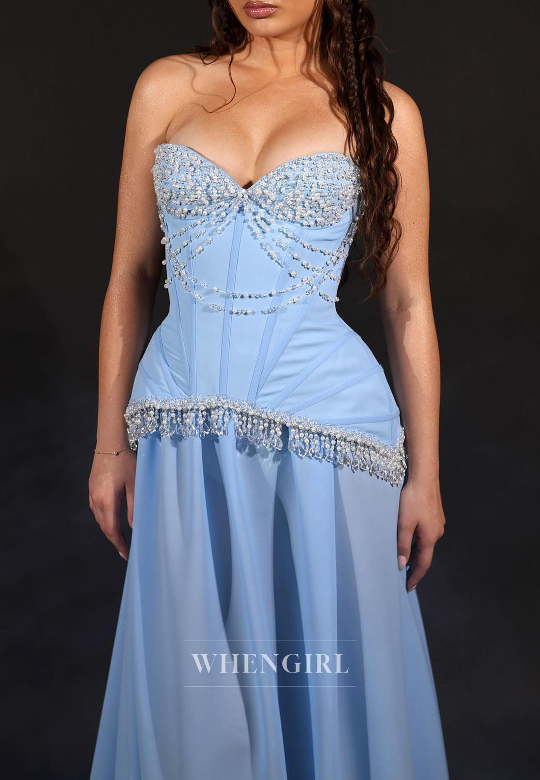 Strapless Beaded Corset Chiffon Evening Gown